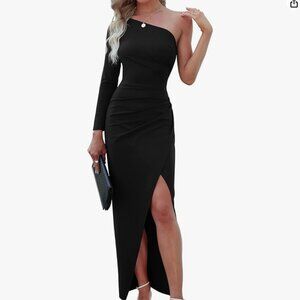 One Shoulder Long Sleeve Cocktail Dresses Bodycon Ruched Dress - L